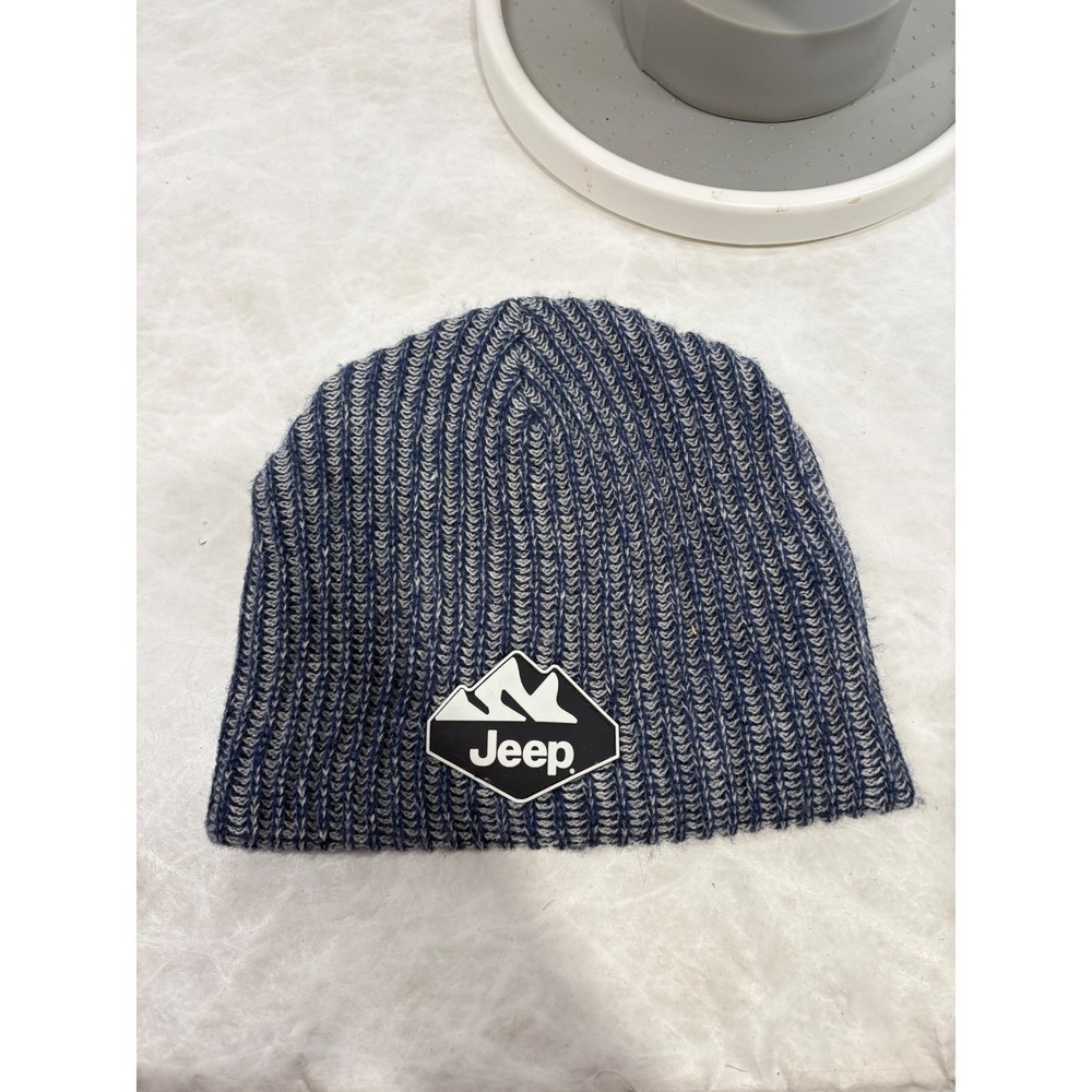 Jeep Blue Grey Marl Ribbed Knit Beanie Hat Mountain Logo Licensed Product